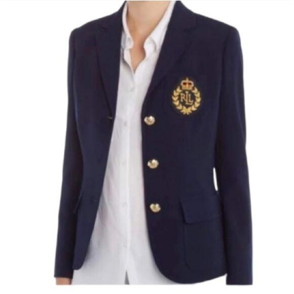 Lauren Ralph Lauren Wool Crown Crested Logo Button Front Blue Blazer 8